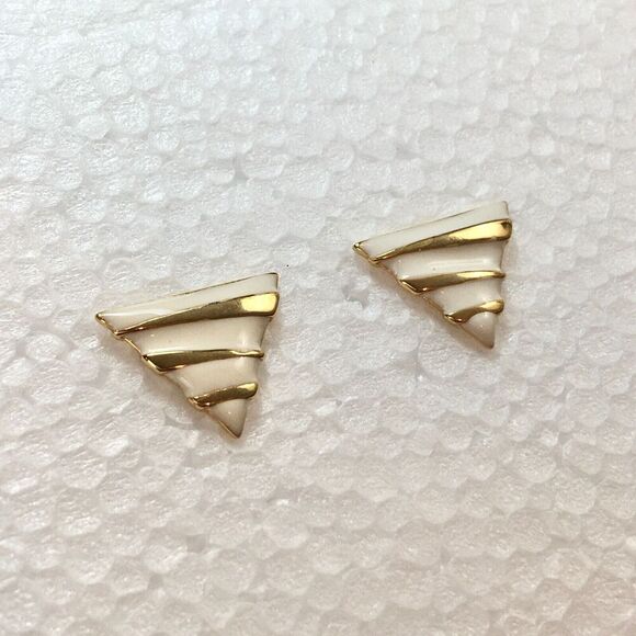 Vintage Coro Earrings Gold Tone White Enamel Triangle Studs Posts - Picture 3 of 12